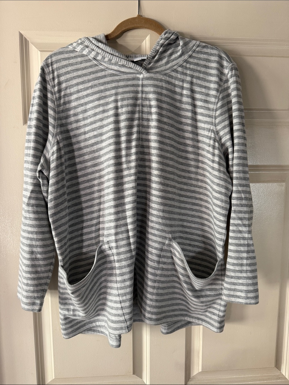 J. Jill Womens Striped Hoodie in Light Gray & White